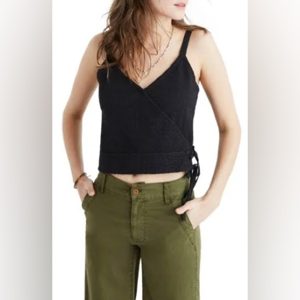 Madewell Black Nubby Texture Jacquard Faux Wrap Finale Tank Top Side Tie Size XS